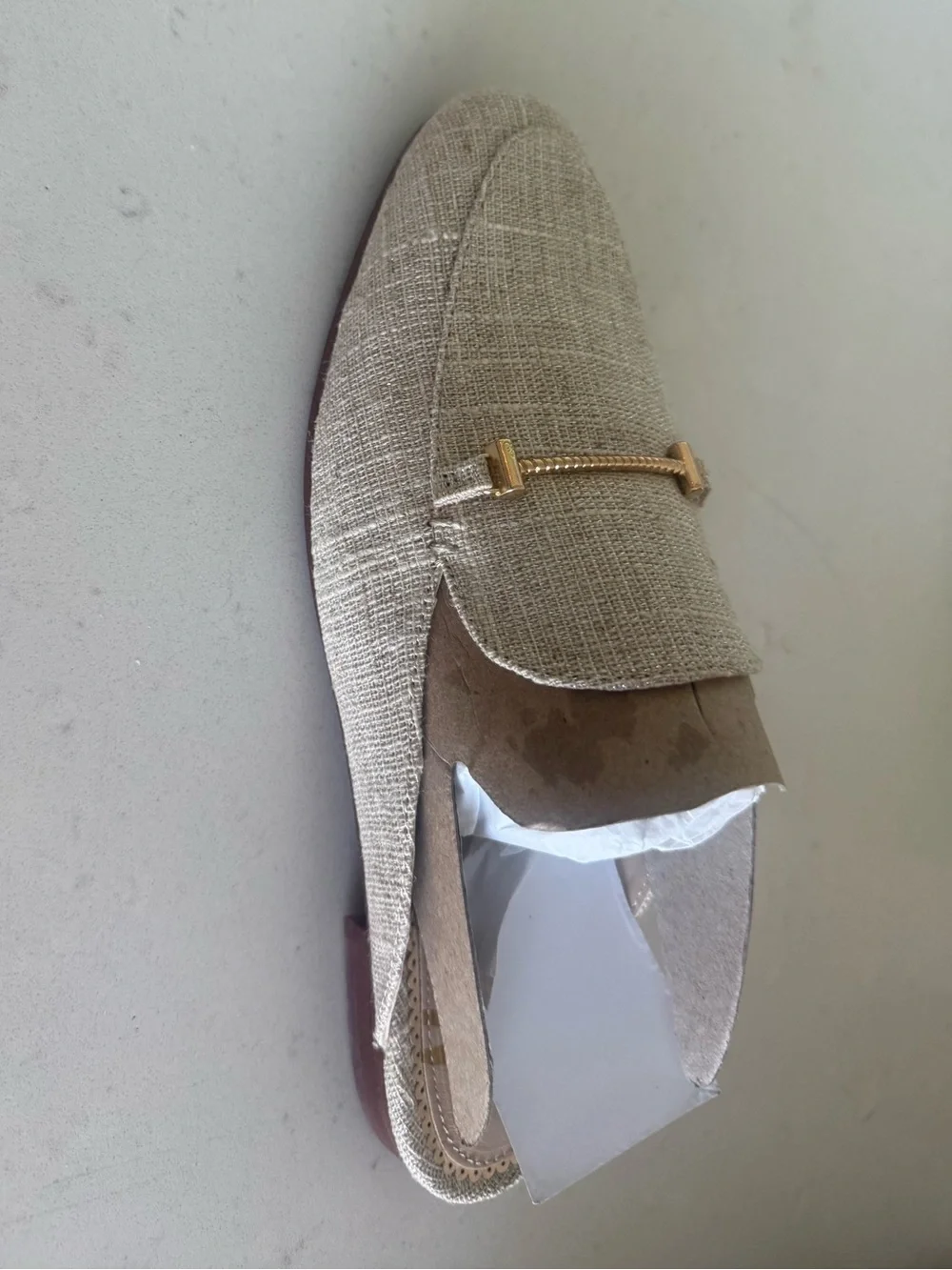 Sam Edelman Beige Woven Slip-On Loafers with Gold Bit